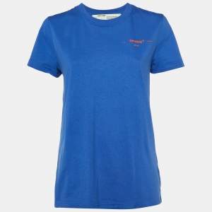 Off-White Blue Coral Embroidered Cotton Crew Neck T-Shirt XS