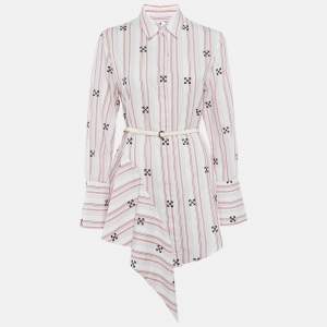 Off-White White Logo Embroidery Stripe Cotton Asymmetric Tunic Shirt Dress S