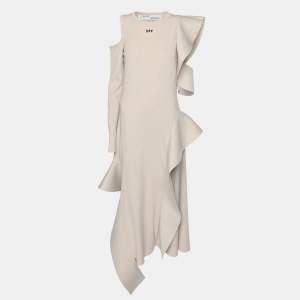 Off-White Cream Rib Knit Cut Out Sleeve Ruffle Detail Dress M