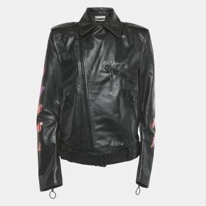 Pre Owned جاكيت أوف وايت جلود مرسومة سهم أسود مقاس كبير (لارج)