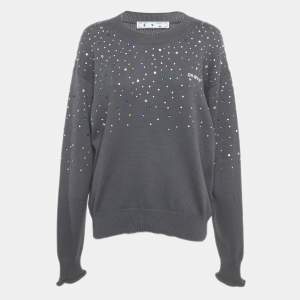 Pre Owned Off-White Grey Rib Knit Rhinestone Sweater S
