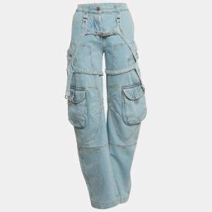 مملوكة مسبقًا Off-White Blue Denim Belt Looped Wide Leg Jeans S/ Waist 27"