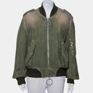 Off-White Green Cupro Washed Out Effect Zipper Front Bomber Jacket M