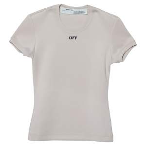 Pre Owned Off-White Beige Jersey Logo Printed Crewneck T-Shirt XS