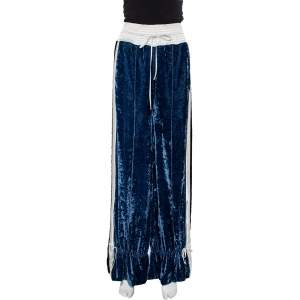 Off-White Navy Blue Velvet Contrast Trim Wide Leg Track Pants S