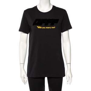 Pre Owned Off-White Black Cotton Logo Embossed Printed Cotton Crewneck T-Shirt M  