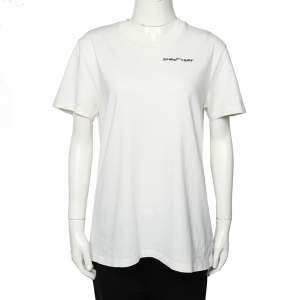 Pre Owned Off -White White Logo Embroidered Cotton  Crewneck T-Shirt M
