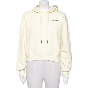 Off-White Cream Cotton Knit Logo Embroidered Cropped Hoodie S