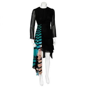 Off White Black Silk Chiffon Contrast Paneled Asymmetric Dress M