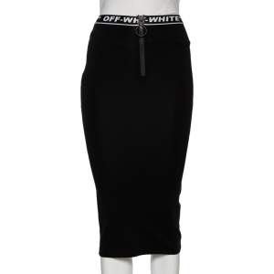 تنورة ميدي  أوف وايت ليكرا أسود  مثقب بحافة بطباعة الشعار مقاس صغير جدًا - إكس سمول (مقاس إيطالي 36)