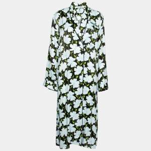 Off-White Blue Floral Printed Satin Open Front Lightweight Coat M