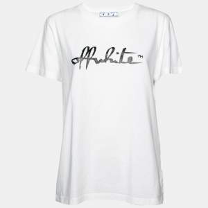 Pre Owned Off-White White Logo Printed Cotton Short Sleeve T-Shirt L