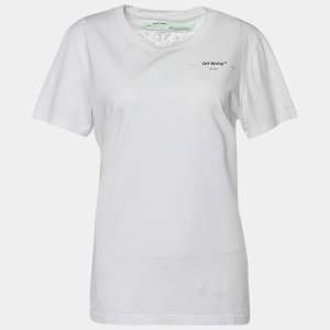 Pre Owned Off-White White Cotton Logo Printed Crew Neck T-Shirt M