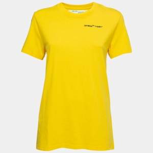 Pre Owned Off-White Yellow Cotton Logo Embroidered Crewneck T-Shirt S