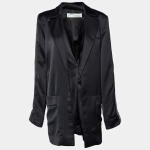 Off-White Black Satin Crepe Logo Strip Detail Open Front Long Blazer M