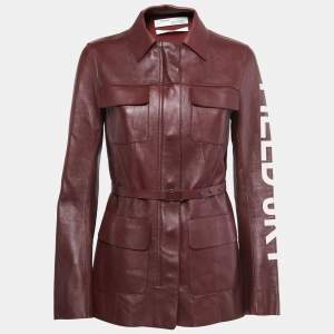 Off-White Burgundy Leather Contrast Printed Sleeve Zip Front Belted Jacket S