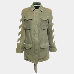 Off-White Green Military Linen Striped Sleeve Detail Zip Front Jacket S