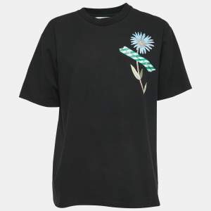 Off-White Black Flower Tape Print Cotton Half Sleeve T-Shirt S