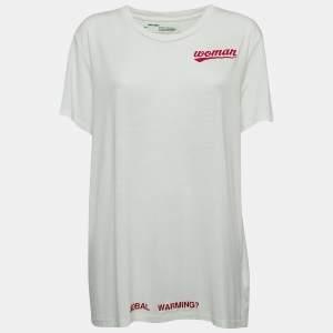 Off-White White Rose Print Cotton Blend Knit Half Sleeve T-Shirt S