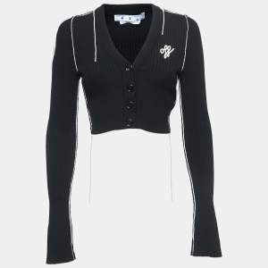 Off-White Black Logo Embroidered Ribbed Knit Cropped Cardigan M