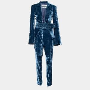Off-White Navy Blue Velvet Belted Blazer & Pants Set M