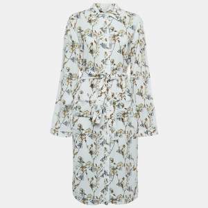 Off-White White Floral Logo Print Crepe Belted Midi Shirt Dress M