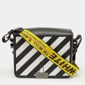 Pre Owned Off-White Black/White Diagonal Print Leather Binder Clip Crossbody Bag