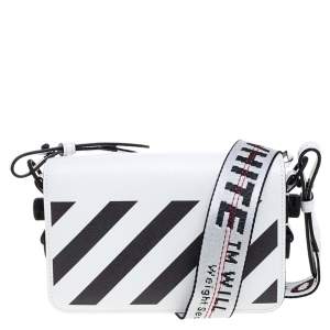 Pre Owned Off-White White/Black Diag Print Leather Binder Clip Crossbody Bag