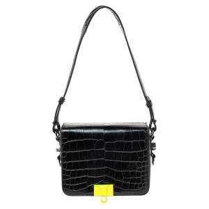 Off-White Black Crocodile Embossed Leather Binder Clip Shoulder Bag