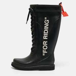Off-White Black Rubber Quote-Motif Riding Boots Size 40