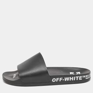 Off-White Black Leather Industrial Flat Slide Sandals Size 40