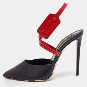Off-White Black/Red Leather Pointed Toe Zip Tie Ankle Strap Mules Size 40