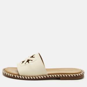Off-White Cream Leather Twist Arrow Flat Slides Size 38