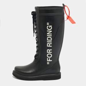 Pre Owned Off-White Quote Motif Size 40 Black Rubber Knee Length Boots