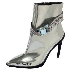 Pre Owned Off White Silver Patent  Pointed Toe Ankle Booties Size 37
