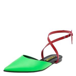 Off-White Green/Red Leather Pointed Toe Slingback Flat Sandals Size 38