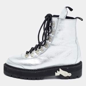 Pre Owned Off-White Silver Leather Lace Up Boots Size 36