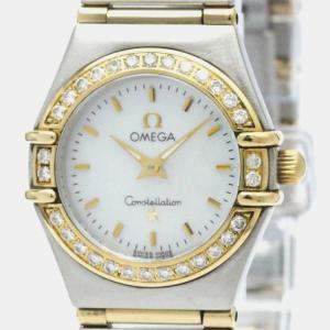 Omega White Shell 18k Yellow Gold Stainless Steel Constellation Quartz Women's Wristwatch 22 mm