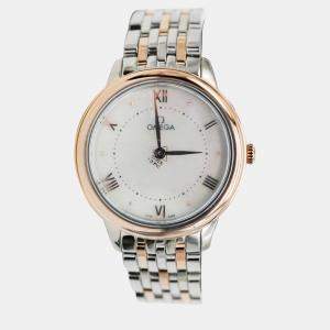 Omega White Mother Of Pearl 18k Rose Gold Stainless Steel Prestige 434.20.30.60.05.001 Quartz Women's Wristwatch 30 mm