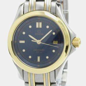 Omega Blue 18k Yellow Gold Stainless Steel Seamaster Quartz Women's Wristwatch 28 mm