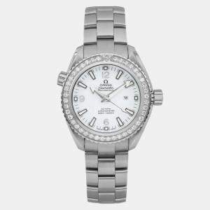Omega White Stainless Steel Diamond Seamaster Planet Ocean 232.15.38.20.04.001 Automatic Men's Wristwatch 37.5mm