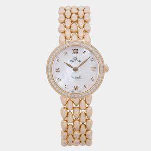Omega MOP Diamond 18K Rose Gold De Ville Prestige 424.55.27.60.55.004 Quartz Women's Wristwatch 27 mm