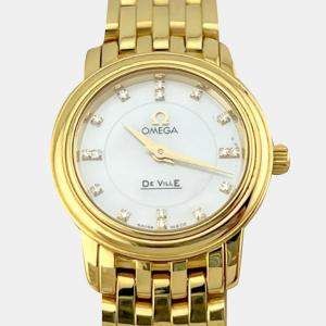 Pre Owned Omega De Ville Prestige 41707600 Quartz Mother of Pearl Diamond 18K Yellow Gold Women's Wristwatch 22 mm