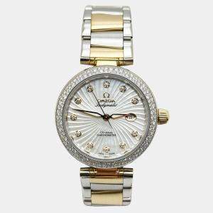 Pre Owned Omega De Ville Ladymatic 425.25.34.20.55.002 Automatic Mother of Pearl Diamond 18K Yellow Gold Stainless Steel Unisex Wristwatch 34 mm