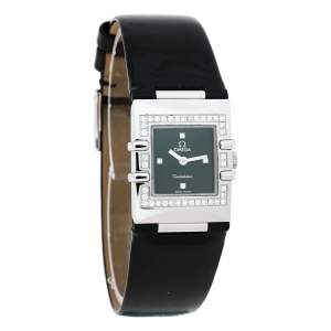 Omega Black Stainless Steel Patent Leather Diamond Constellation Quadra 895.1230 Women's Wristwatch 19 mm
