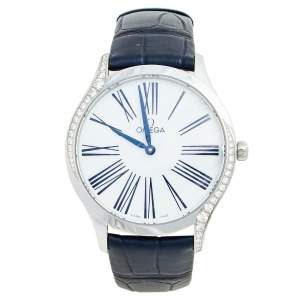 Omega White Stainless Steel Diamond Leather De Ville Tresor 428.17.36.60.04.001 Women's Wristwatch 36 mm