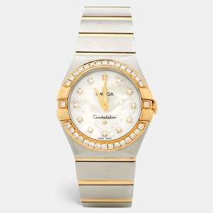 Omega Mother Of Pearl 18K Yellow Gold Stainless Steel Diamond Constellation 123.20.27.60.55.004 Women's Wristwatch 27 mm