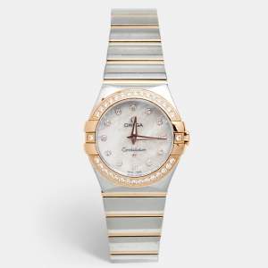 Omega Mother of Pearl Diamonds 18k Rose Gold Stainless Steel Constellation 123.25.27.60.55.005 Women's Wristwatch 27 mm