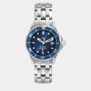 Omega Blue Stainless Steel Seamaster Quartz Women's Wristwatch 28 mm