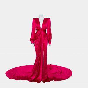 Ong-Oaj Pairam Fuschia Pink Silk Satin Plunge Neck Trail Detail Angelica Gown M 